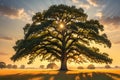 Solitude in Gold: Majestic Oak Tree Standing Alone in a Vibrant Sprawling Meadow During Golden Hour, Casting Long Shadows