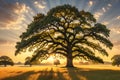 Solitude in Gold: Majestic Oak Tree Standing Alone in a Vibrant Sprawling Meadow During Golden Hour, Casting Long Shadows