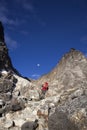 Solitude lady trekking in Himalayas region Royalty Free Stock Photo