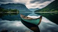 Solitude On The Lake, Reflection Of A Wooden Boat And Misty Mountains. Generative AI Royalty Free Stock Photo