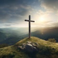 Solitude: A Large Wooden Cross Standing Alone on a Hilltop Overlooking a Sunny Green Valley with Dramatic Rays of Light Streaming