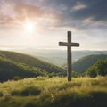 Solitude: A Large Wooden Cross Standing Alone on a Hilltop Overlooking a Sunny Green Valley with Dramatic Rays of Light Streaming