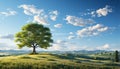 Solitude in nature meadow, tree, mountain, sunset, sky, dawn generated by AI Royalty Free Stock Photo