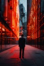 In the solitude of a neon-lit corridor, a businessman pauses in a moment of reflection, surrounded by the glow of Royalty Free Stock Photo