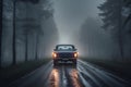 Solitude\'s Veil A Lone Car\'s Journey Through the Haunting Fog on Desolate Roads