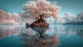 Solitude in surreal landscape tranquil pond, old tree, sunset generated by AI Royalty Free Stock Photo