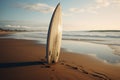 In the solitude of a wild beach, a surfboard finds serenity