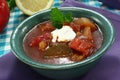 Soljanka in a soup bowl with a dollop of cream