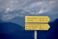 Soll, Austria, July 30, 2014. Yellow direction sign with mountains behind.