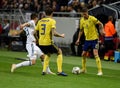 Sweden national team players Mikael Lustig and Victor Lindelof against Russia national team striker Dmitry Poloz Royalty Free Stock Photo