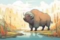 solo bison standing alongside prairie stream Royalty Free Stock Photo
