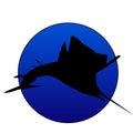 A black silhouette sailfish in a blue circle design