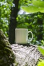 A solo blank white coffee mug in the park trees