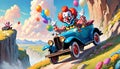 Solo clown car driver rocky mountain terrain cliff