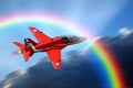 Solo flight red arrows display stunt plane aeroplane jet sky rainbow clouds leader team stuntman stunts stunt aeronautics Royalty Free Stock Photo