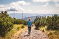 Solo hiker walking on trekking trail in mountains