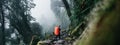 Solo hiker wearing professional backpack covered rain protect walk across foggy jungle mountain. Young tourist traveling along