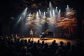 Solo pianist performs on stage, bathed in light, with an autumnal backdrop. Audience captivated. Royalty Free Stock Photo