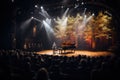 Solo piano performance on stage, bathed in light, with an audience captivated by the music and the artistic setting. Royalty Free Stock Photo