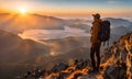 Solo traveler with a backpack standing on a mountain peak at sunrise Royalty Free Stock Photo