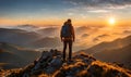 Solo traveler with a backpack standing on a mountain peak at sunrise Royalty Free Stock Photo