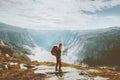 Solo traveling girl hiking with backpack in mountains Royalty Free Stock Photo