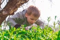 Solo traveller - young boy hiker studying something in the grass