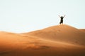 Solo woman stand on top dune enjoy panorama and sunset in Kashan desert in Iran Royalty Free Stock Photo