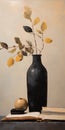 Simplistic Oil Painting Of Vase With Leaves And Books