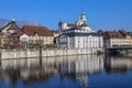 Solothurn, Switzerland, 15. January 2022: View along the Aare River to the City of Solothurn, Switzerland.