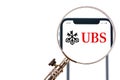 SOLOTHURN, SWITZERLAND - NOVEMBER 12, 2018: UBS logo displayed on a modern smartphone