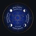 Solstice and equinox circle stylized as linear geometrical design with white and gold thin lines on night sky background with date