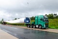 Soltau, Germany - August 28, 2021: Wind turbine blade transportation on truck