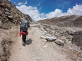 Solukhumbu Valley, Nepal - May 2019: young backpacker man trekking to the Everest Base Camp in a sunny day
