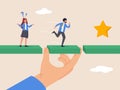 Solution or assistance concept. Connect the bridge to help and support team to success. Giant manager hand help connect