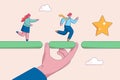 Solution or assistance concept. Connect the bridge to help and support team to success. Giant manager hand help connect