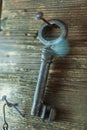 Solution concept image. Key attached to ring hanging on a nail on a old grungy wooden wall Royalty Free Stock Photo