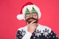 Solution concept. Inspired face. Happy bearded man with santa look. Holiday accessories santa party. Christmas and New Royalty Free Stock Photo