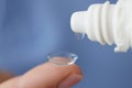 Solution is dripped onto soft contact lens closeup Royalty Free Stock Photo