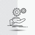 solution, hand, idea, gear, services Line Icon on Transparent Background. Black Icon Vector Illustration