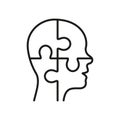 Solution in Human Head Line Icon. Person's Brain and Jigsaw, Creation Idea Concept Linear Pictogram. Thinking