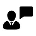 Solution icon vector male person profile avatar with speech bubble symbol for discussion and information in flat color glyph Royalty Free Stock Photo