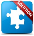 Solution (puzzle icon) cyan blue square button red ribbon in cor Royalty Free Stock Photo