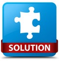 Solution (puzzle icon) cyan blue square button red ribbon in mid Royalty Free Stock Photo