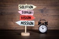 Solution, Support, Vision and Mission concept. Signpost on a wooden texture background Royalty Free Stock Photo