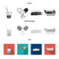 Solution, tablet, acupuncture, hospital gurney.Medicine set collection icons in black, flat, monochrome style vector