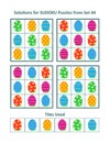 Solutions, or answers, for 4 easy picture sudoku puzzles with Easter painted eggs iconic images. Set 44.