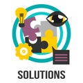 Solutions Business Concept Sign With Puzzle Pieces, Bulb, Gear And Eye Royalty Free Stock Photo