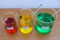 Solutions of food dyes in a beakers.