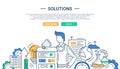 Solutions line flat design banner with male and business tools Royalty Free Stock Photo
